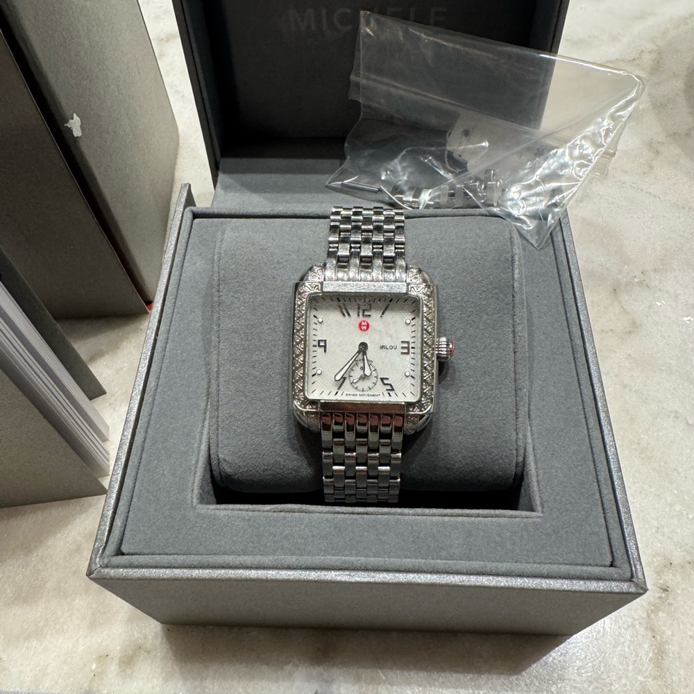 Women’s Michele Silver Watch with White Square Dial
